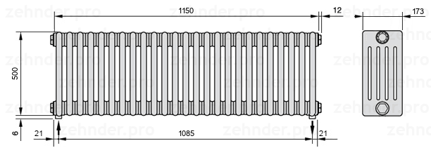 Схема (чертеж) Радиатор Zehnder Charleston 5050/25 №3570 Белый глянцевый RAL 9016
